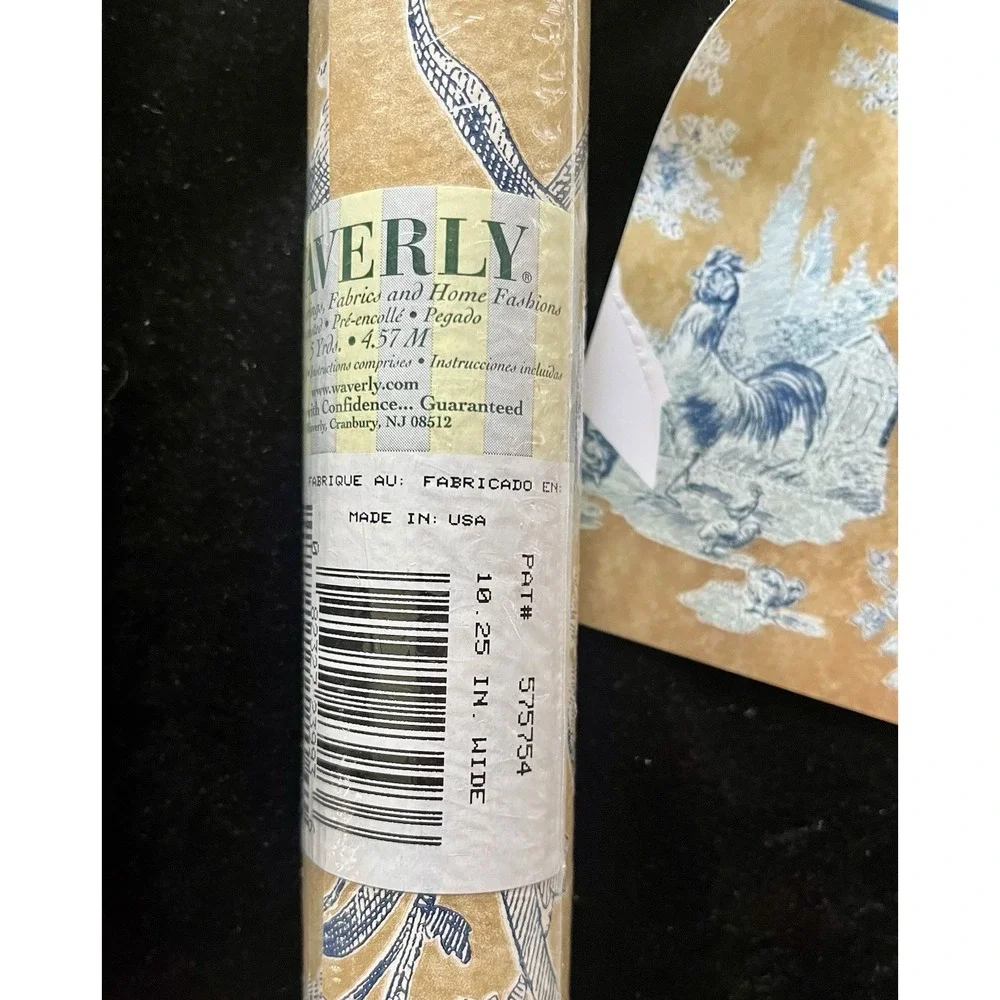 Waverly Wallpaper Border Blue Rooster Toile Tan Farmhouse 5 Yards 575754